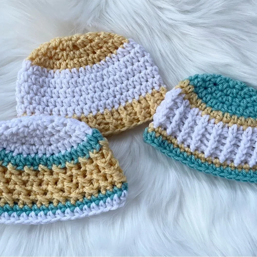 Newborn Baby Crochet Hat Set of 3 Yellow Grey Mint Green 0-3